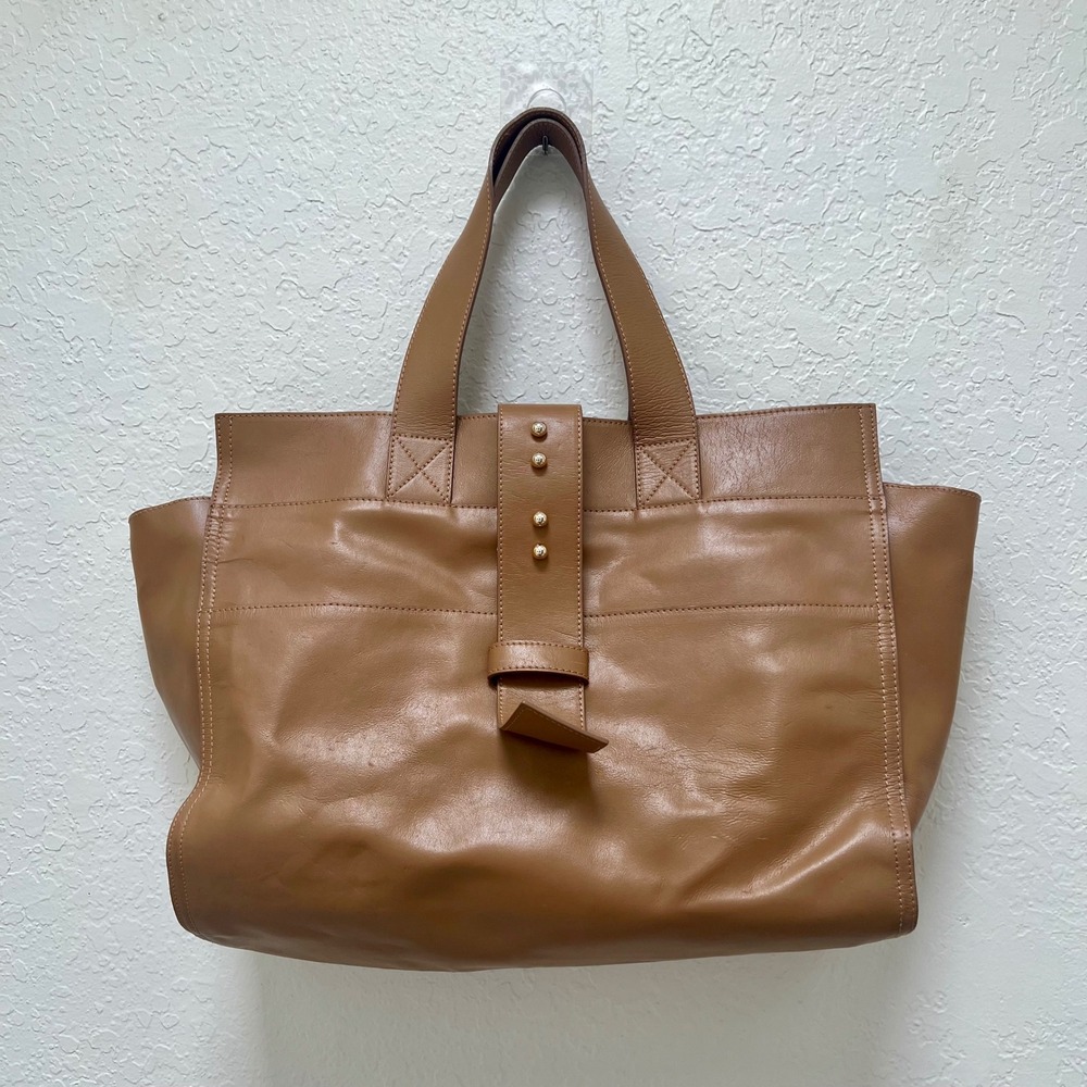 Alessandro Mari Tan Brown Genuine Leather Tote Bag Made in Italy Gold Studs
